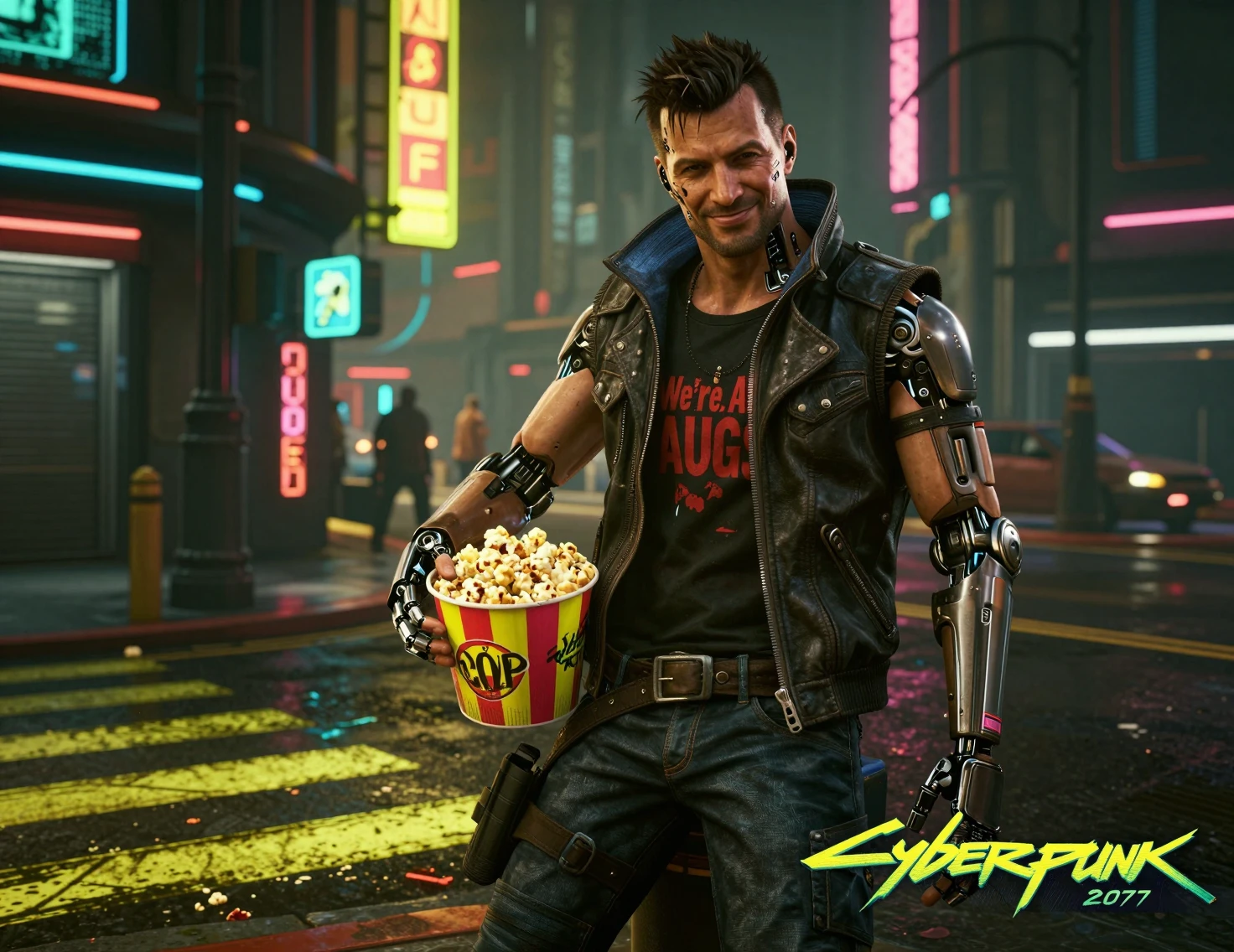 Cyberpunk-Mann mit Popcorn auf einer neonbeleuchteten Stadtstraße