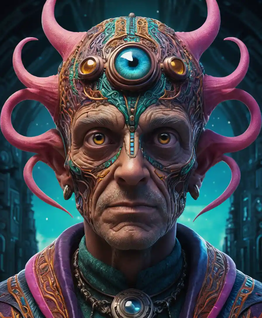 Surreal fantasy guardian character in vibrant digital art