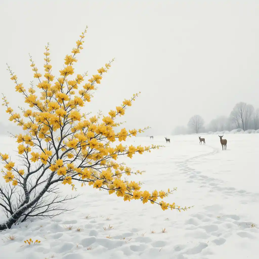 ミニマルな水彩画：雪景色に映えるミモザの枝