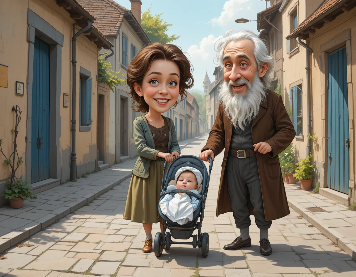 Woman Walking A Baby In A Stroller Through Village Streets