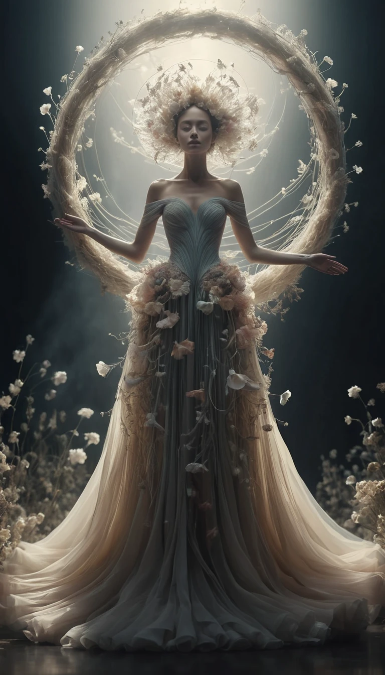 Surreal woman in breathing floral couture with halo aura
