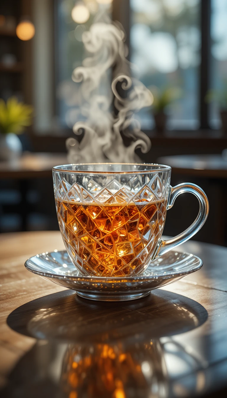 Tasse de café en diamant fumante sur table de café en bois