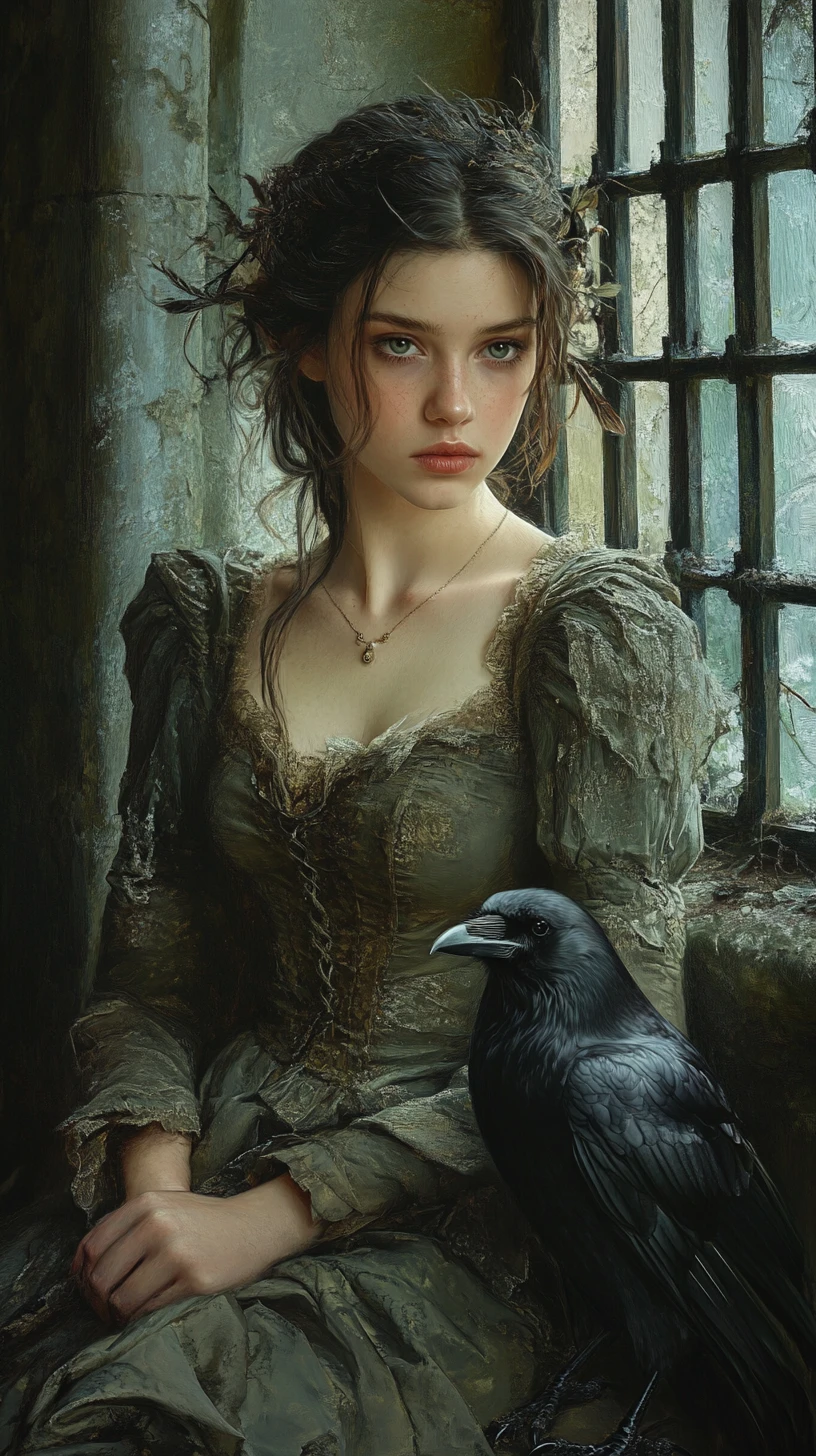 Young woman with a crow in a ruined stone interior