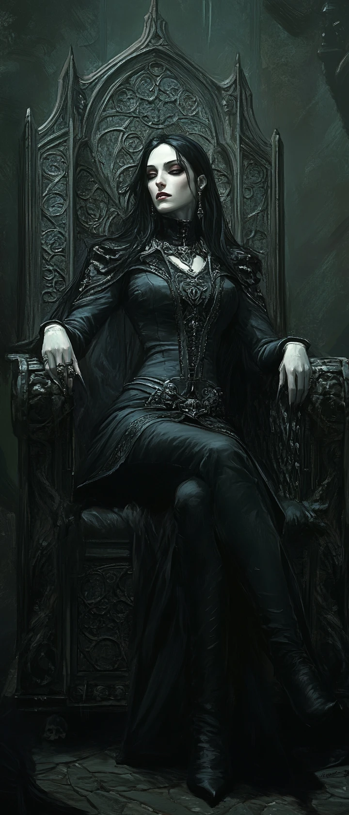 Dark fantasy queen seated on a metal gothic throne