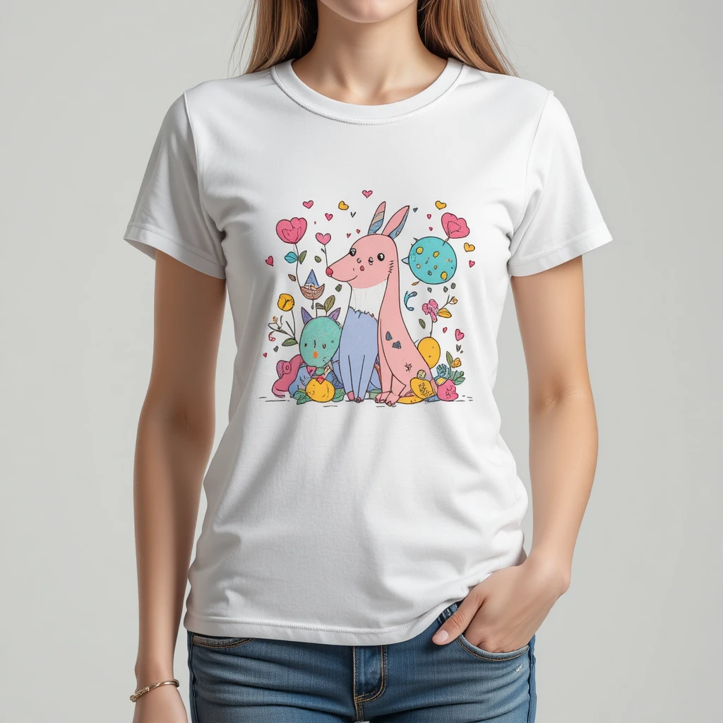 キュートなパステルイラストの遊び心あふれるレディースグラフィックTシャツ