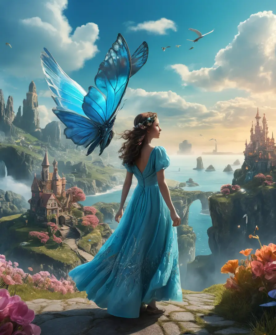Whimsical fantasy characters in a vibrant surreal landscape