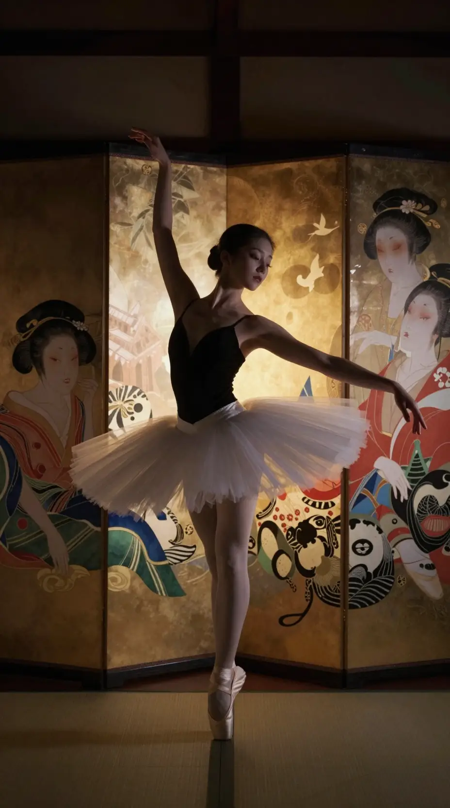 Ballerina pirouette before eerie japanese horror screen