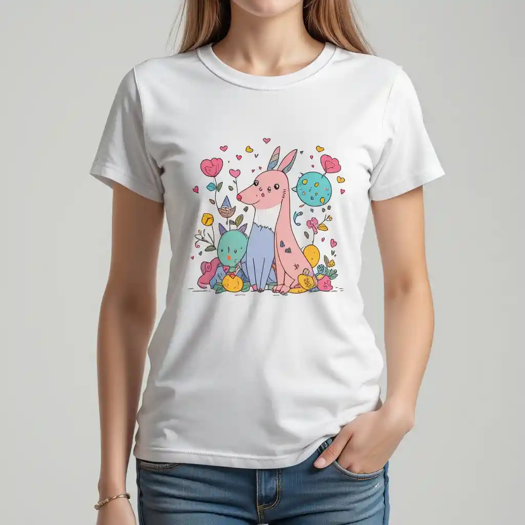 キュートなパステルイラストの遊び心あふれるレディースグラフィックTシャツ