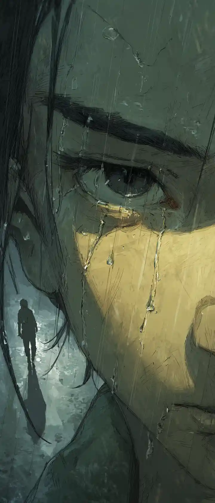 Primer plano de mujer bajo la lluvia con mirada triste