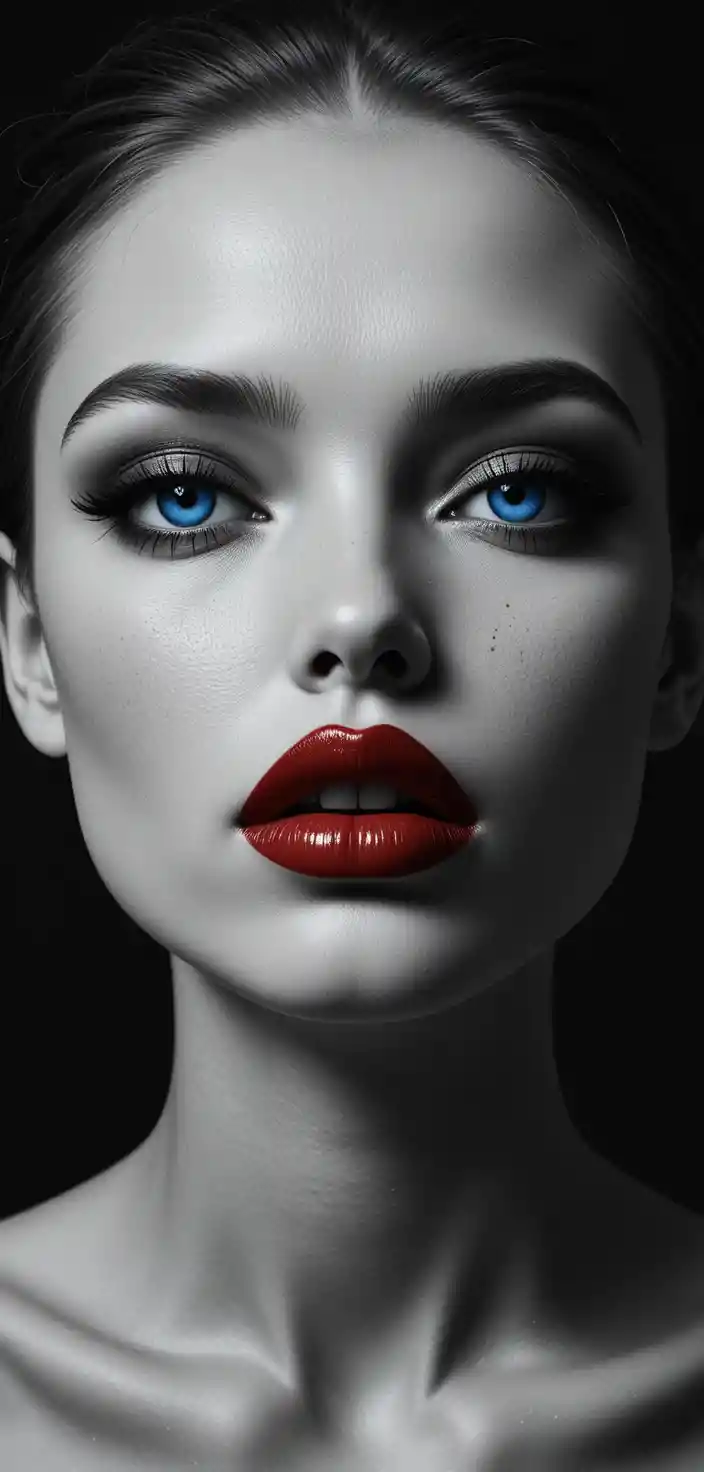 Close up of glowing blue eyes and red lips in darkness
