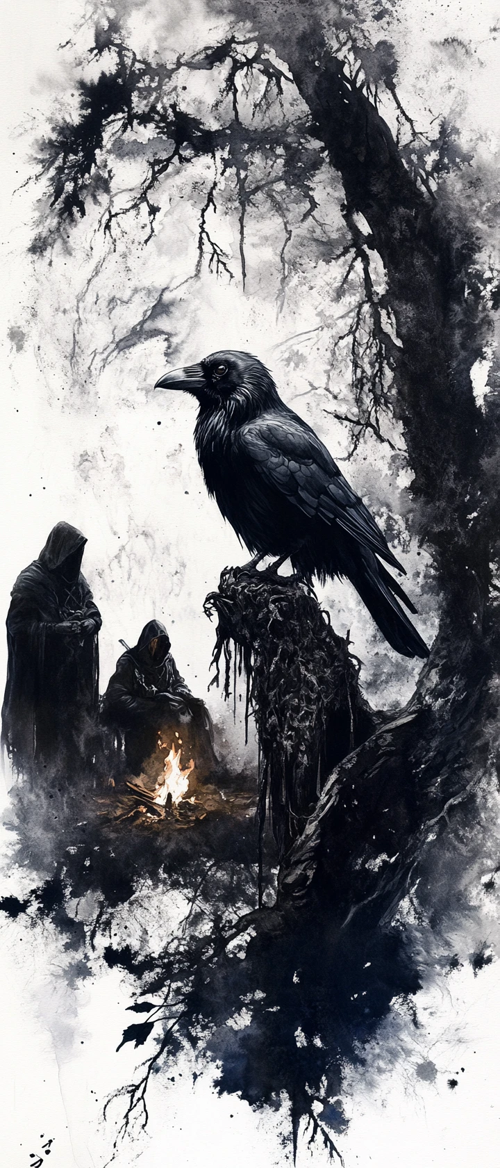 Black raven on twisted oak branch in a dark forest