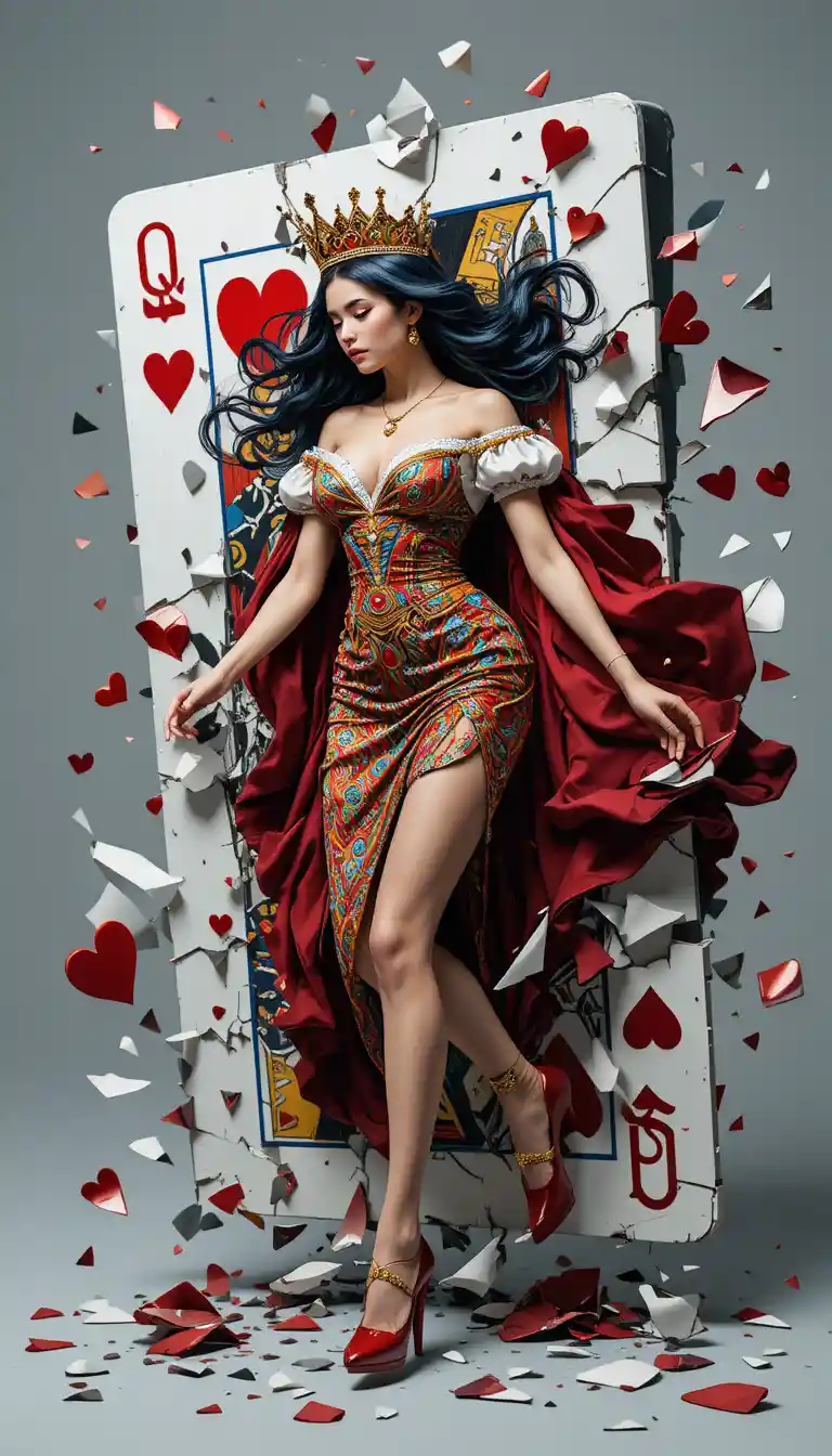 Surreal queen of hearts bursting from shattered playing card