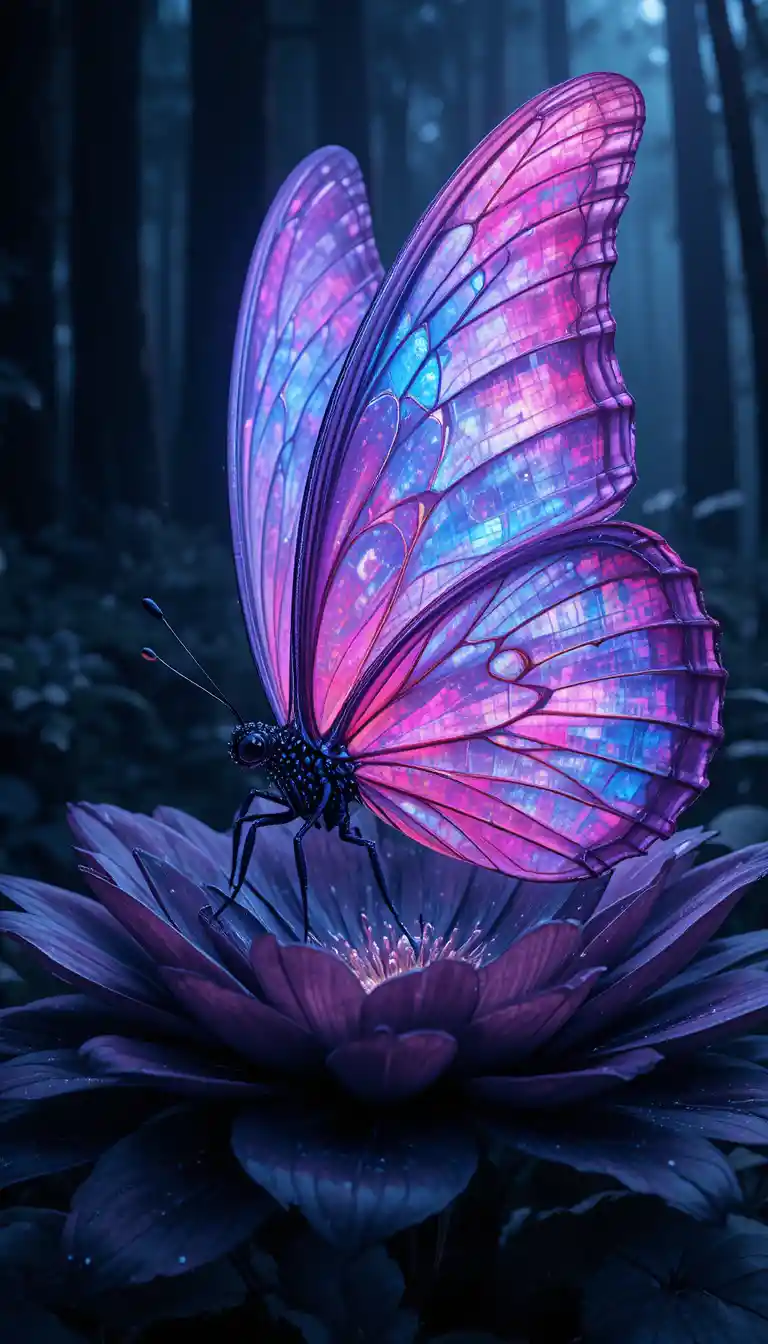 Glowing Watercolor Butterfly On Black Flower In Dark Forest