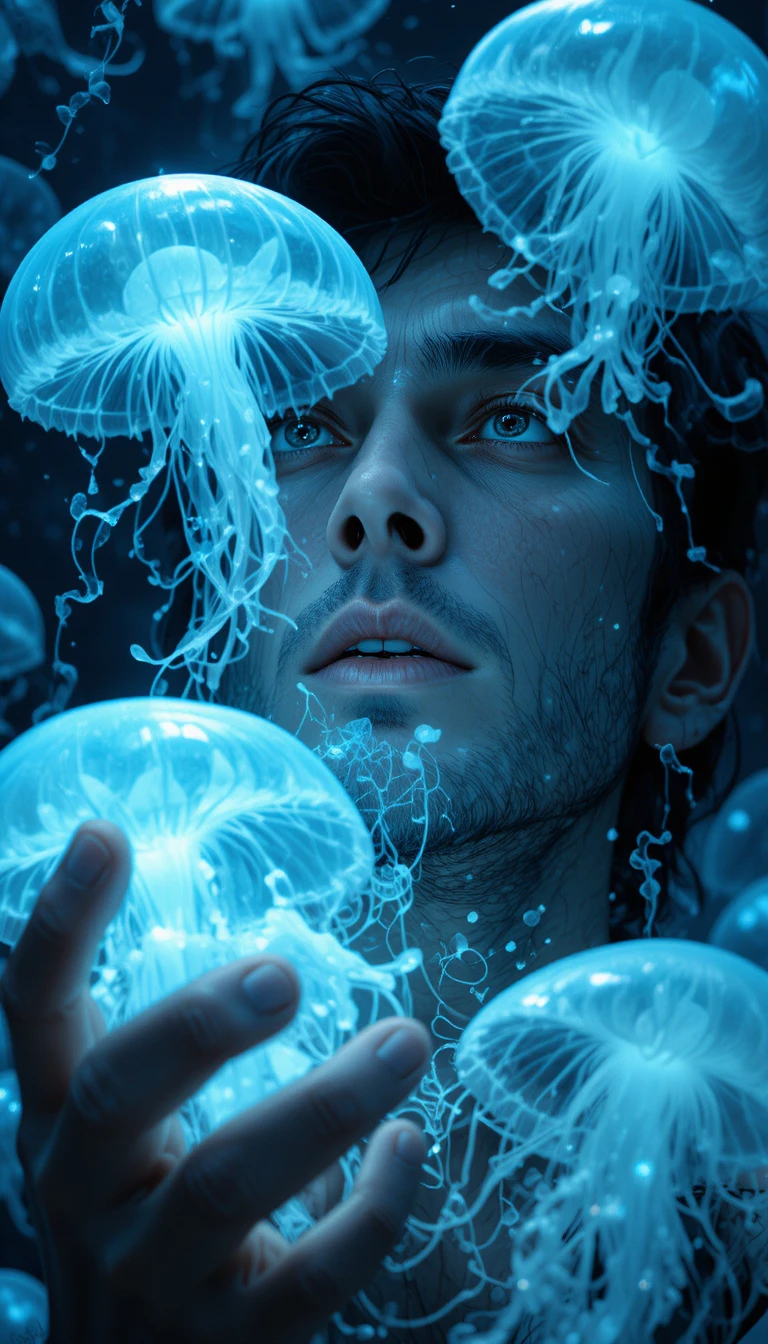 Man Holding Floating Jellyfish In Soft Blue Glow