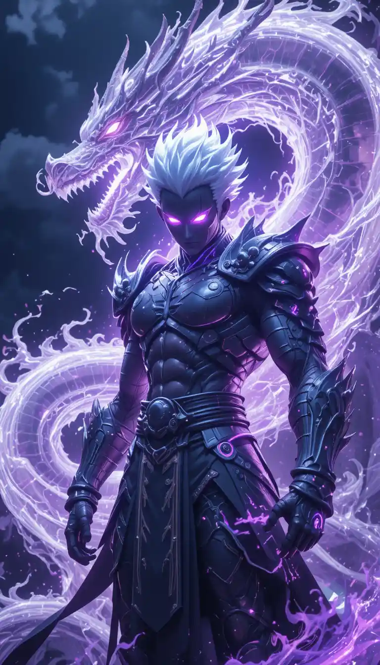 Armored white warrior silhouette with glowing purple eyes