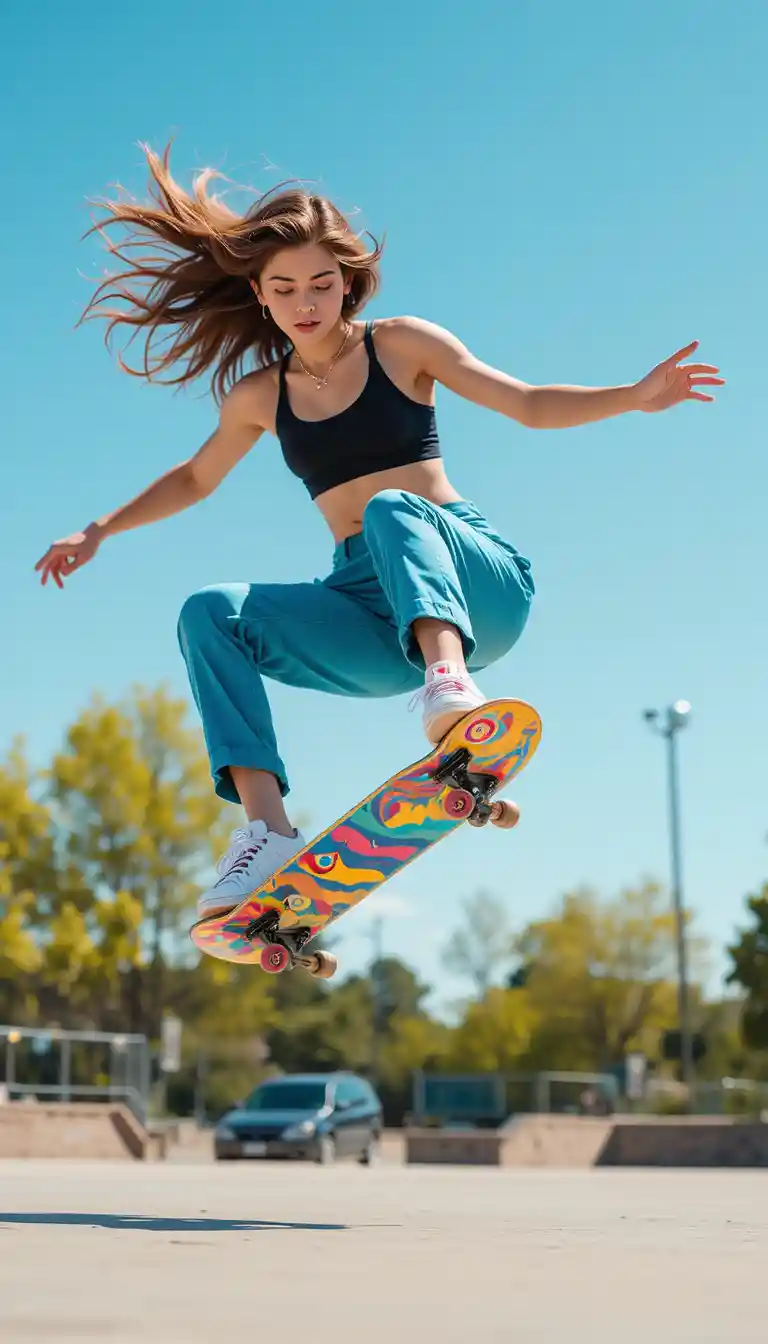 Skateboarderin fliegt durch die Luft in einem sonnigen Outdoor-Park