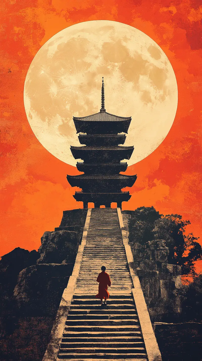 Japanese traveler climbing stone stairs toward moonlit pagoda
