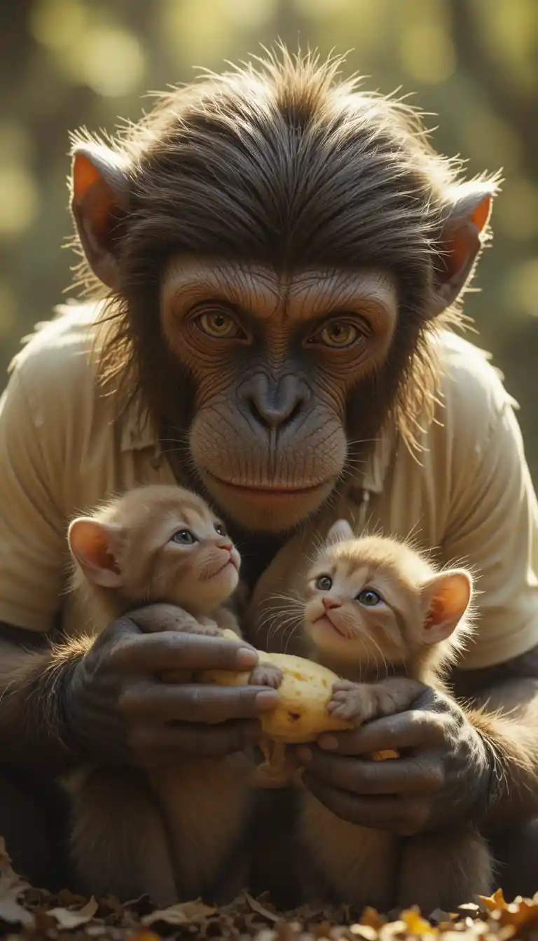 Scimmia che posa una banana davanti a un gattino affamato