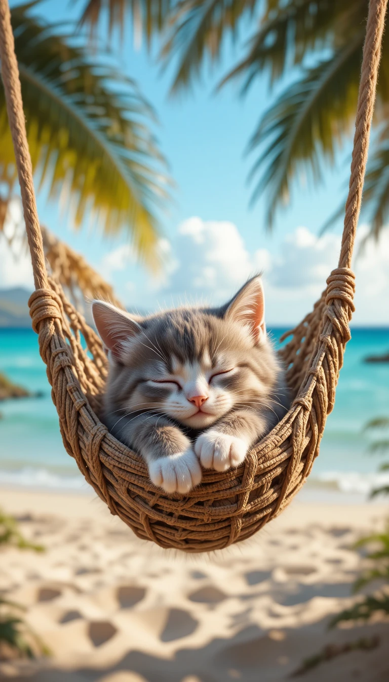 Sleeping kitten in a woven hammock on a tropical beach