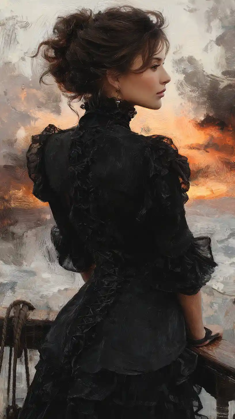 Victorian woman on an old ship at sea sunset
