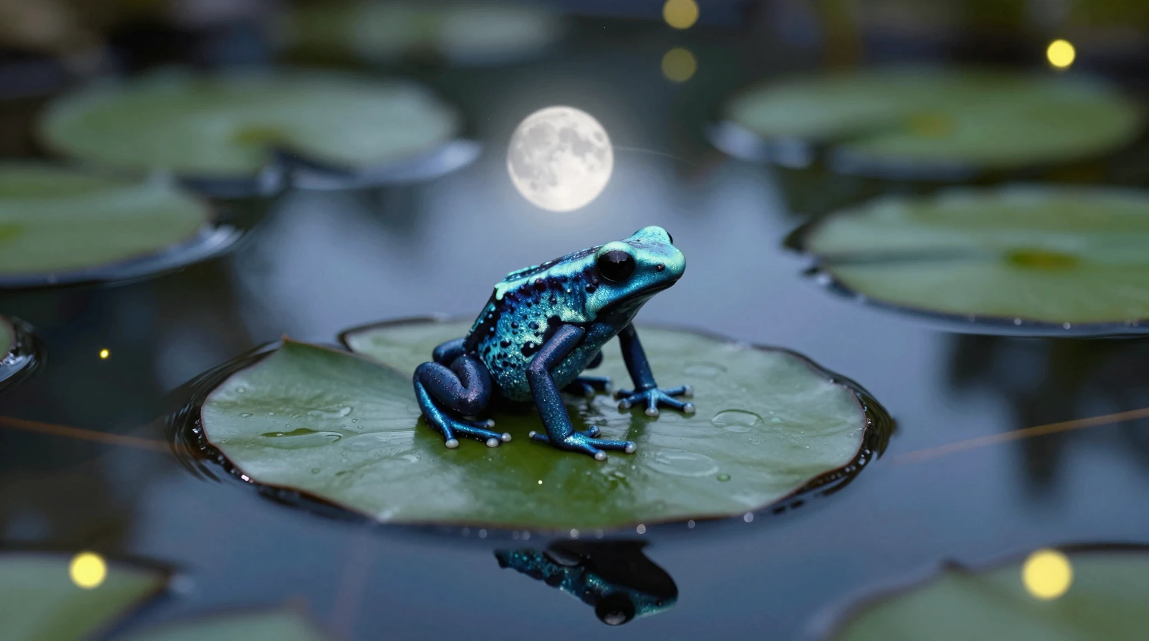 Iridescent frog resting on a moonlit lily pad pond