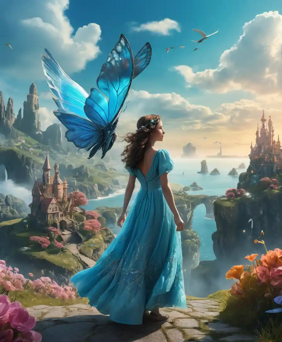 Whimsical fantasy characters in a vibrant surreal landscape