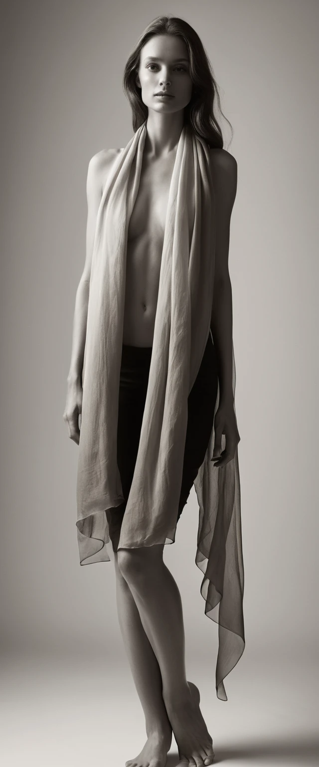Backlit nude woman veiled in translucent silk scarf