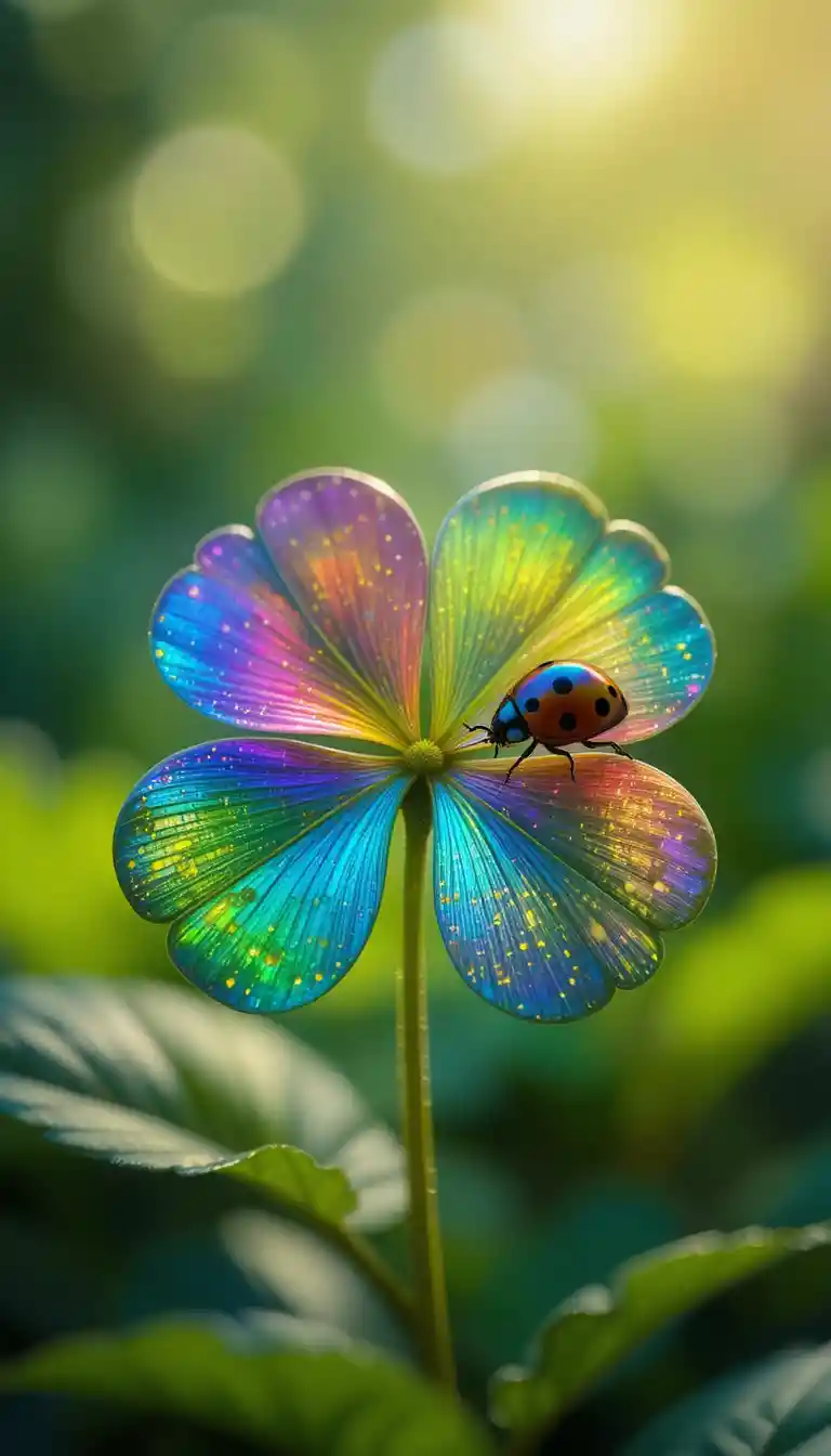 Makroaufnahme eines regenbogenfarbenen vierblättrigen Kleeblatts mit Marienkäfer