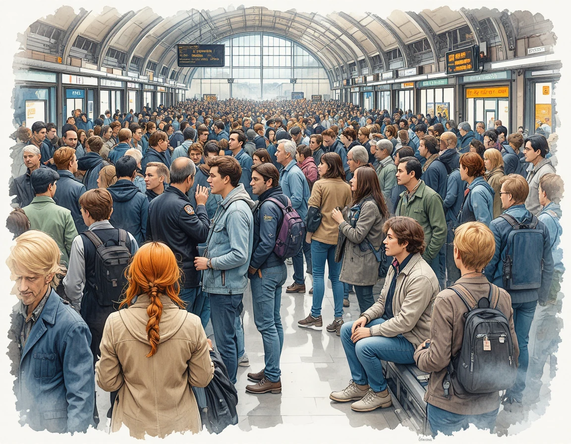Lonely woman wandering through a crowded train station