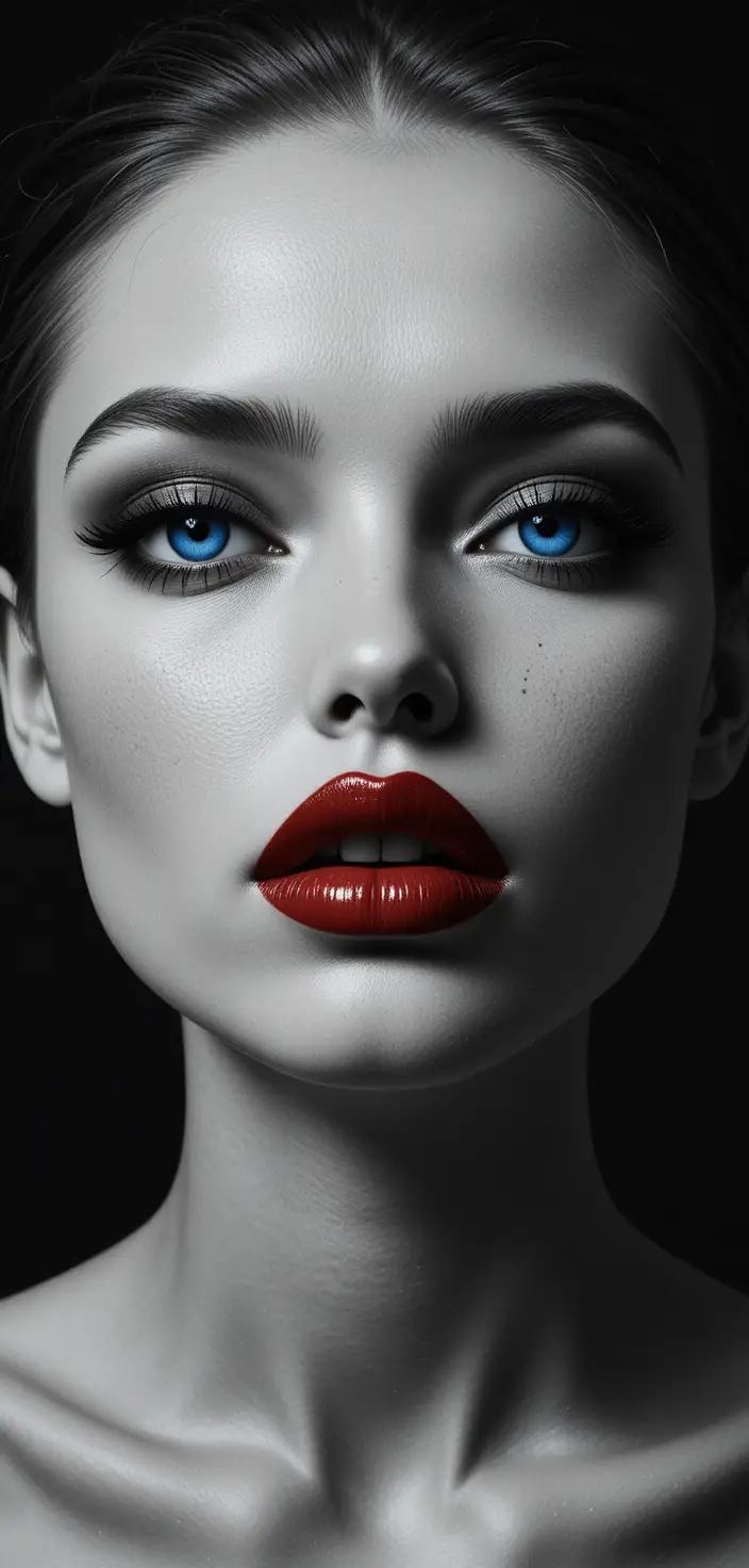Close de olhos azuis brilhantes e lábios vermelhos na escuridão