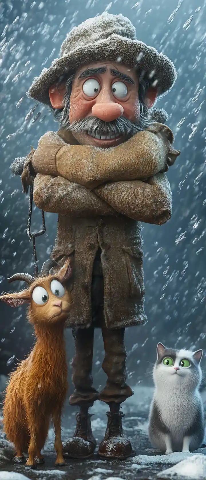 Fermier et animaux transis de froid dans une scène de tempête de grêle 3D façon cartoon