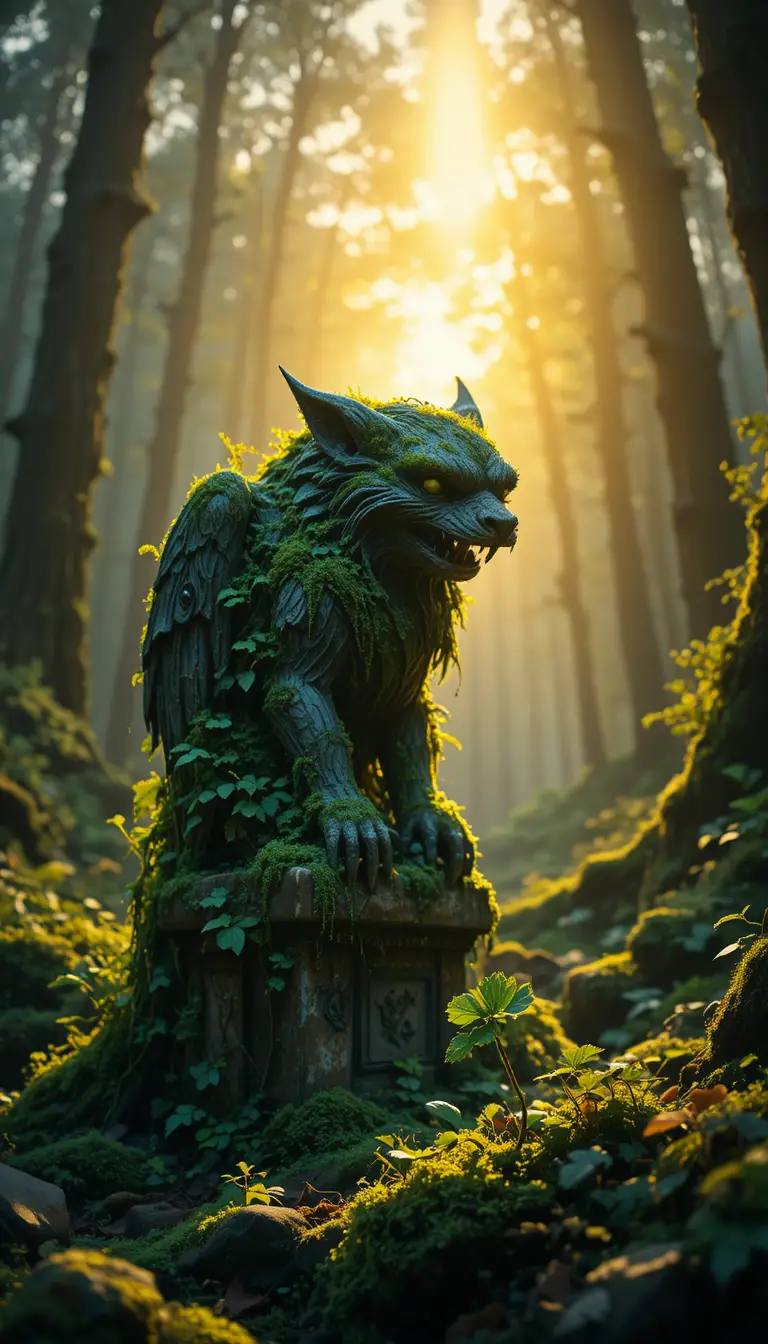 Gargoyle Statue Illuminated In A Twilight Forest Glade