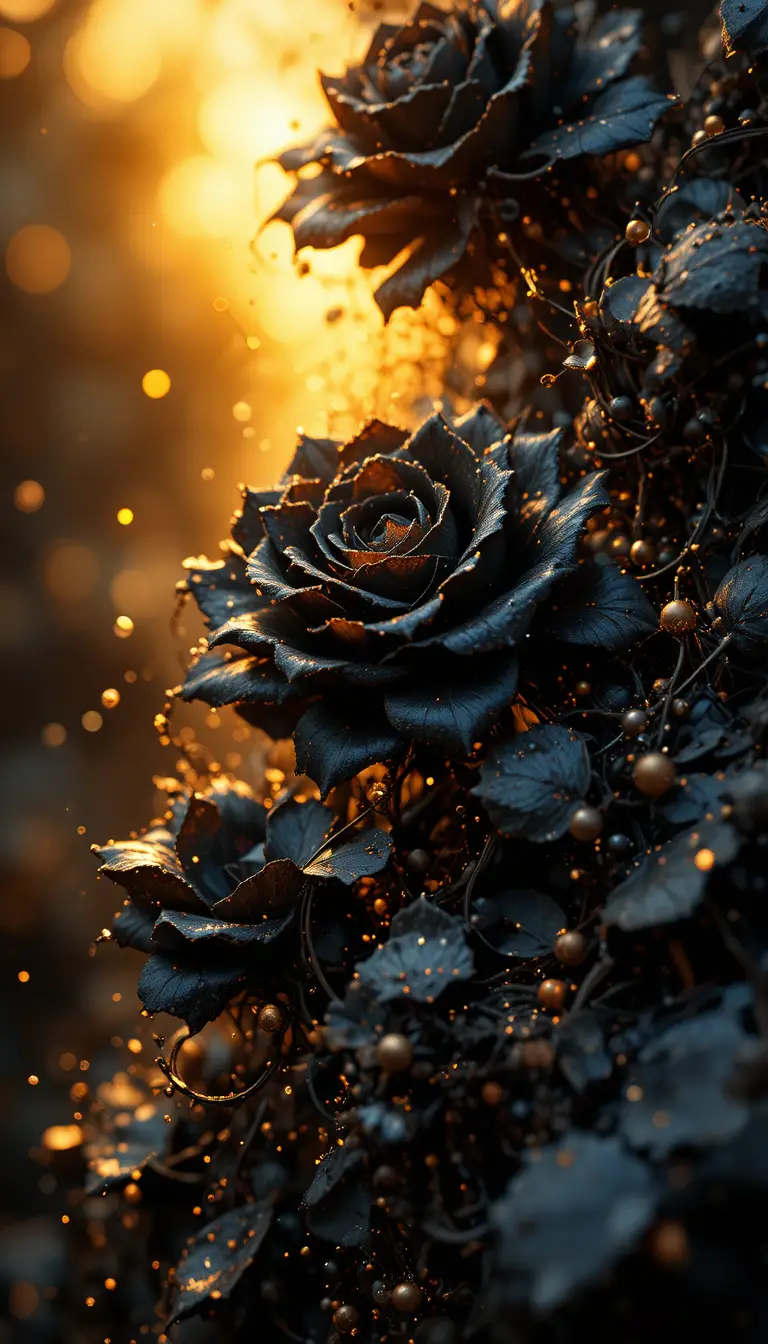 Abstract black roses with gold particles and complex shine