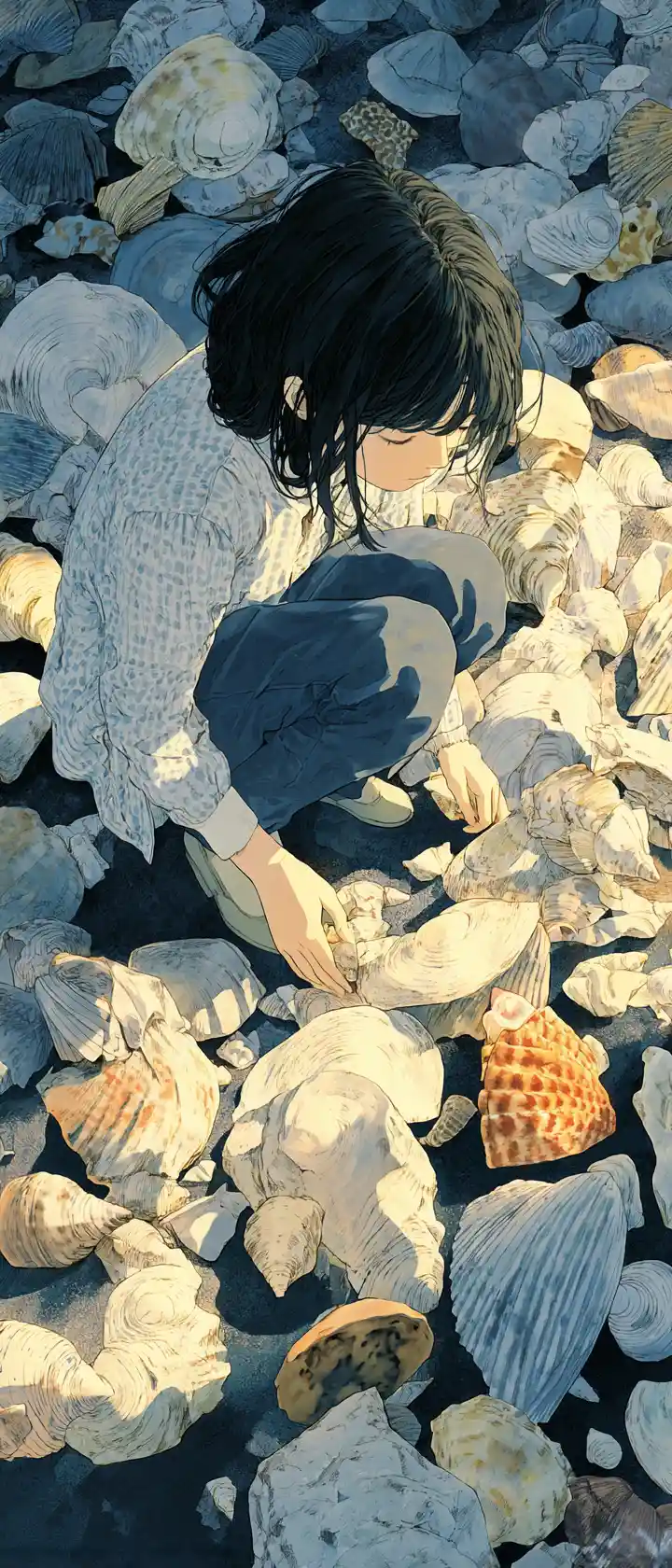 Woman surrounded by countless small memories in a dreamscape