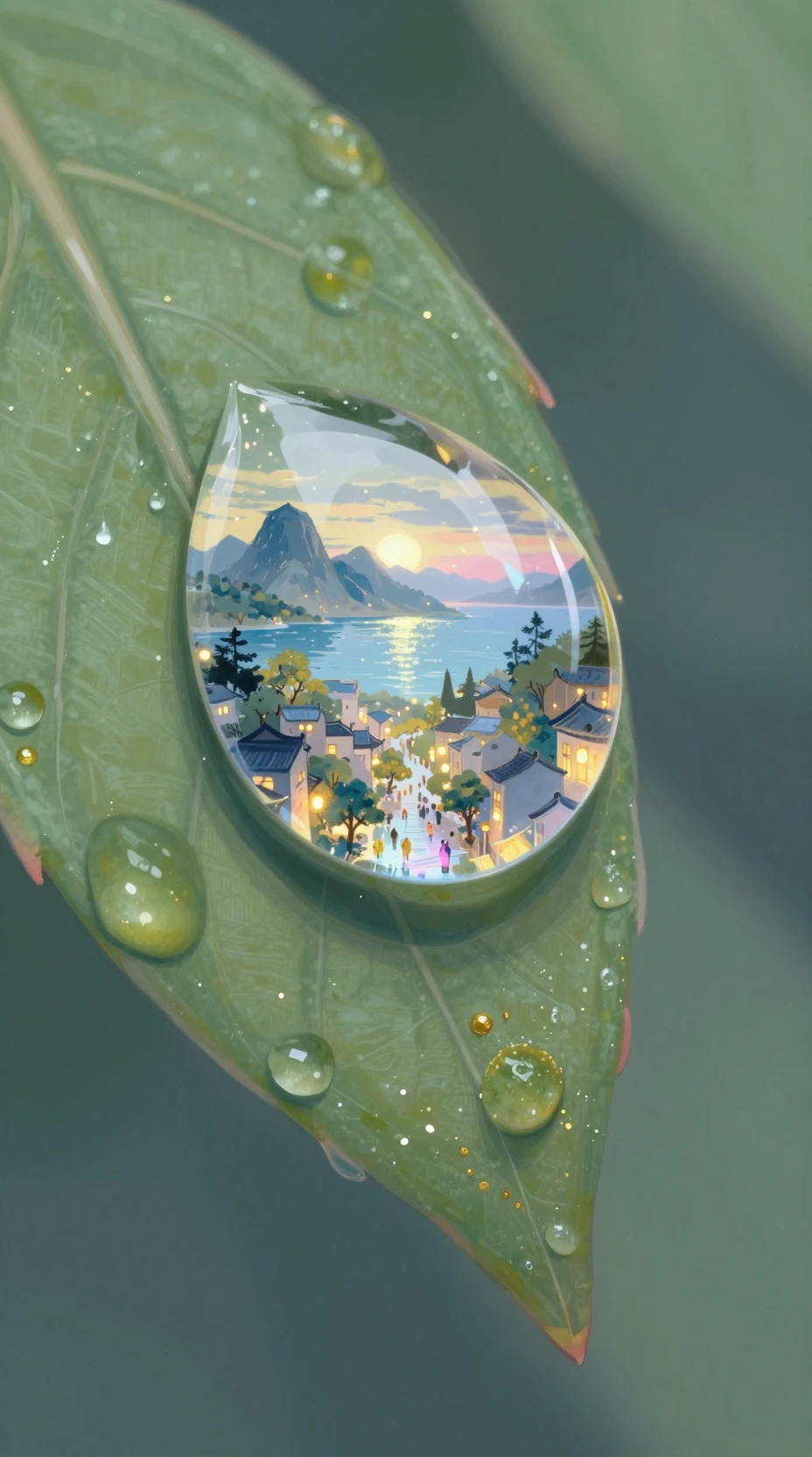 Primer plano de una gota de rocío cristalina que revela un diminuto mundo de fantasía