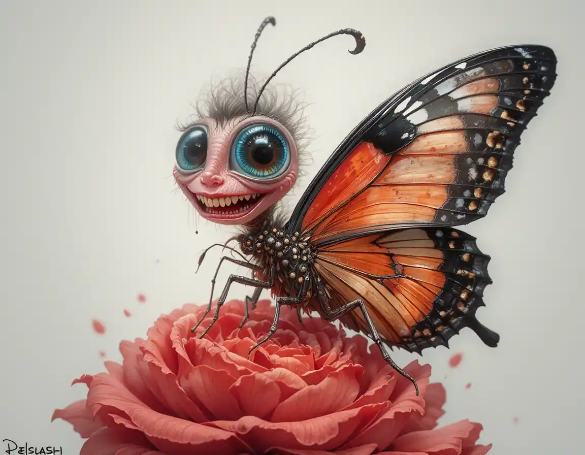 Mariposa rara emergiendo sobre una rosa roja – ilustración vectorial