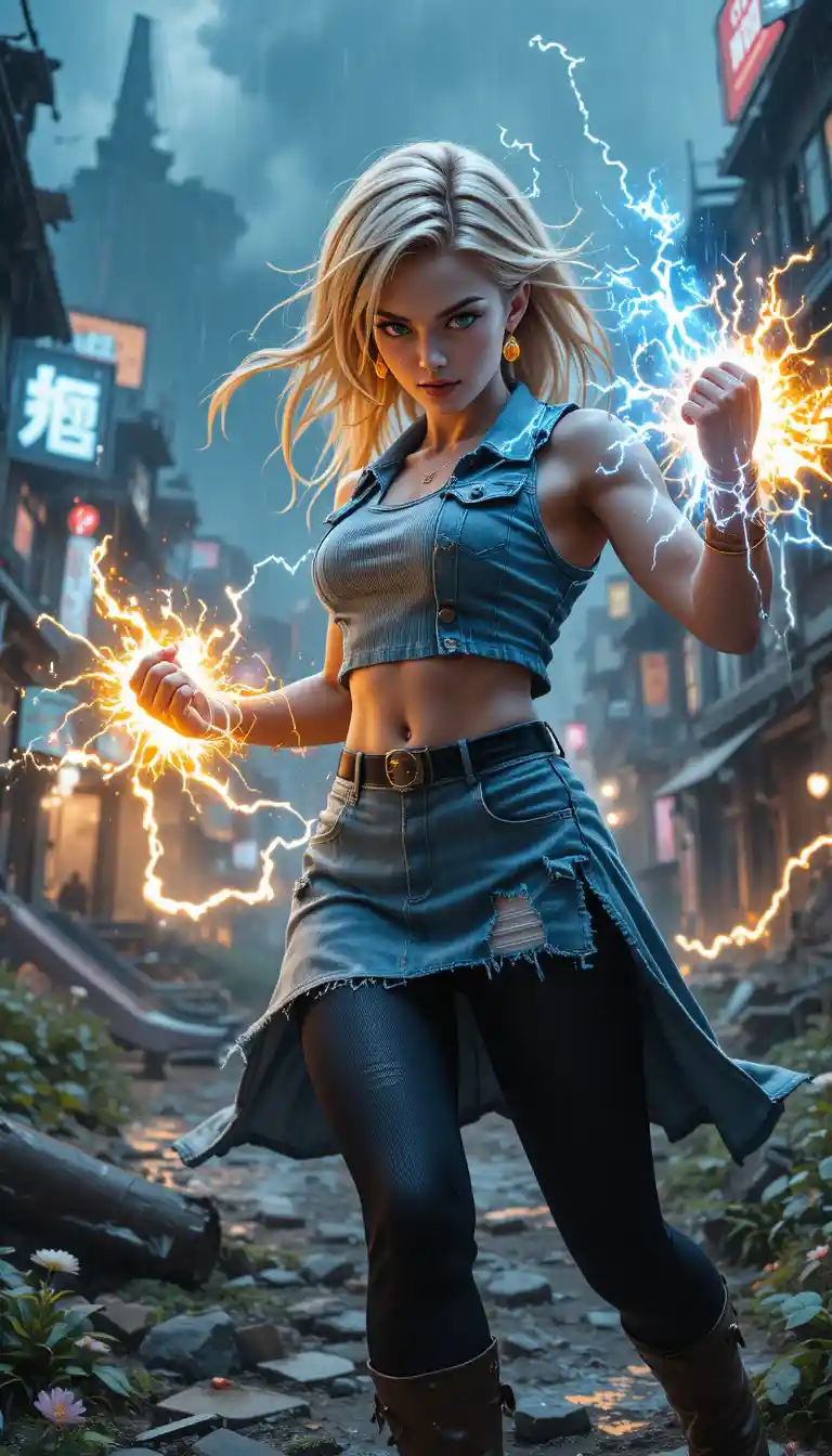 Mujer de anime lista para la batalla con aura eléctrica brillante