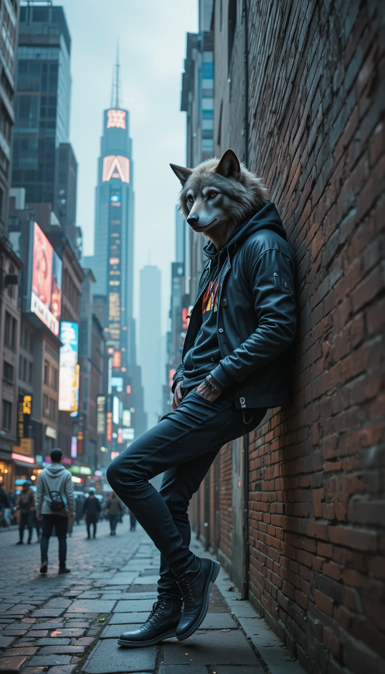 Anthropomorphic Wolf In Hoodie On Neon Lit City Street
