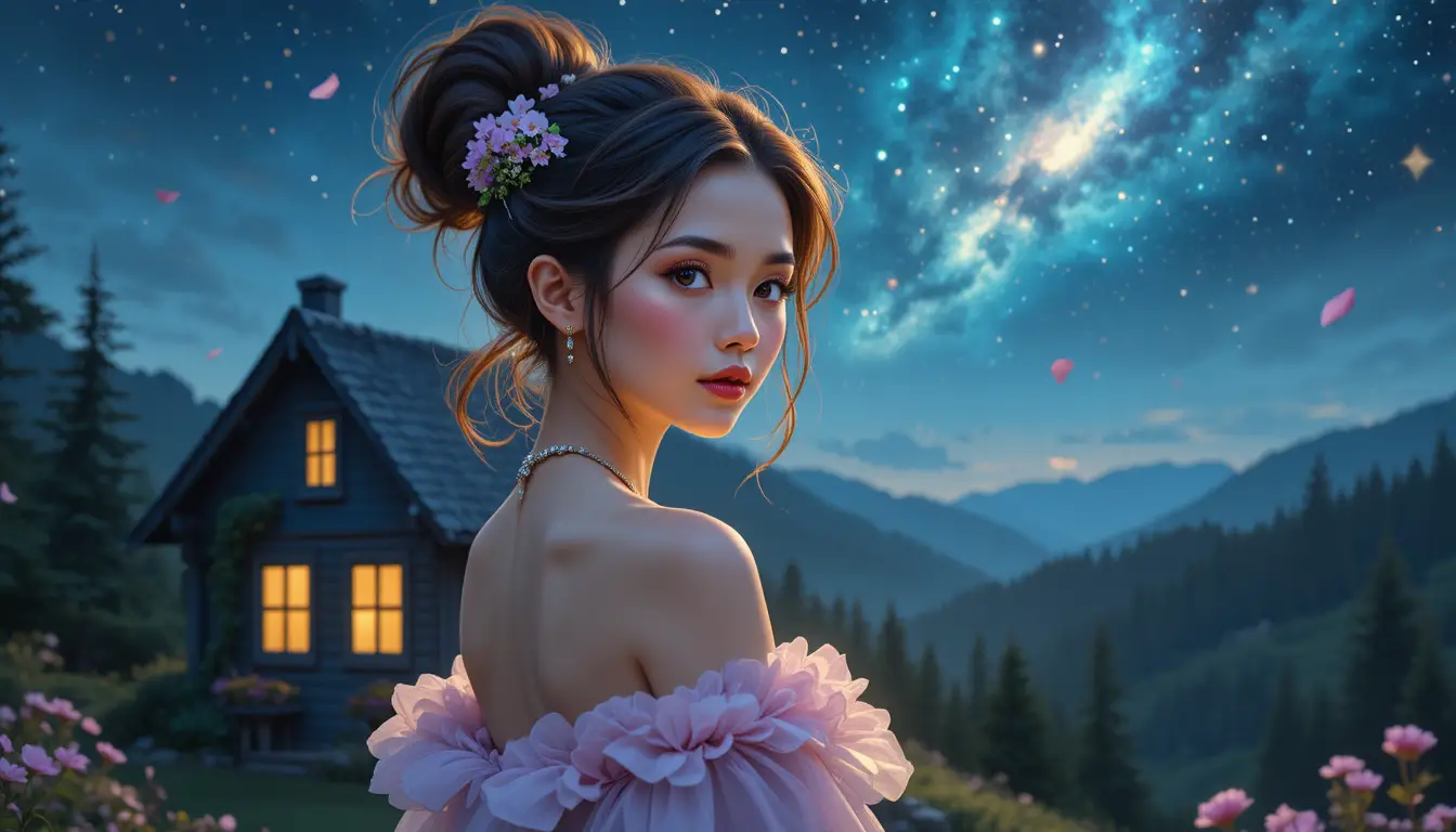 Ethereal woman in jeweled gown with glowing halo