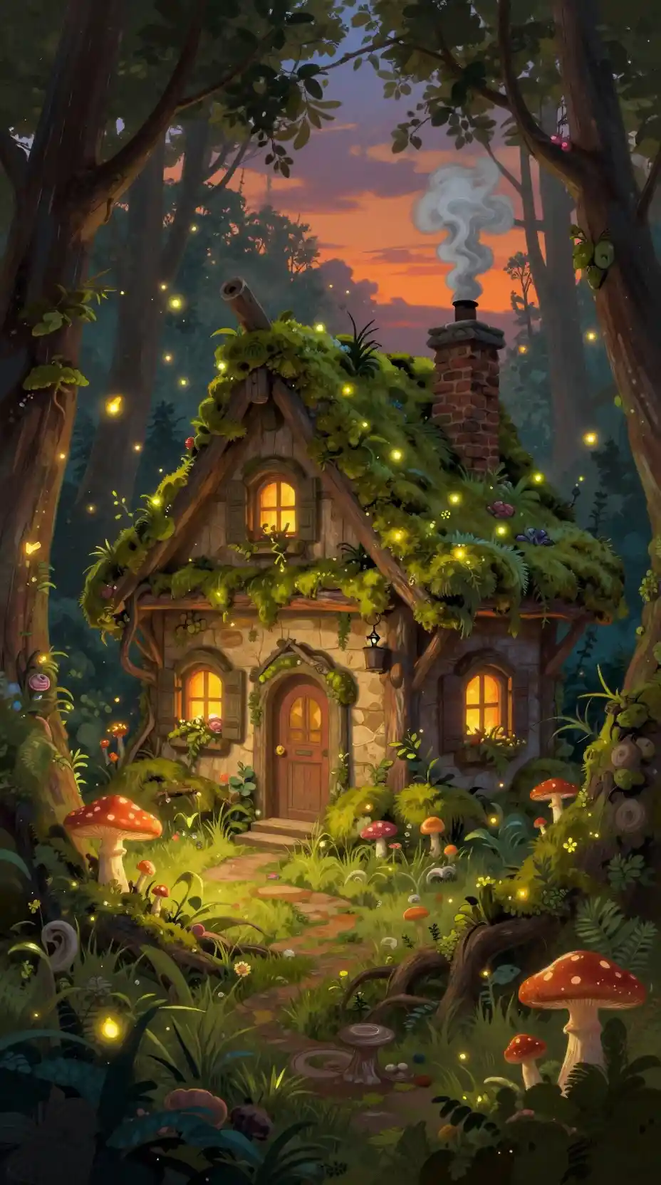 Cottage Enchanté dans la Forêt au Crépuscule avec des Lucioles
