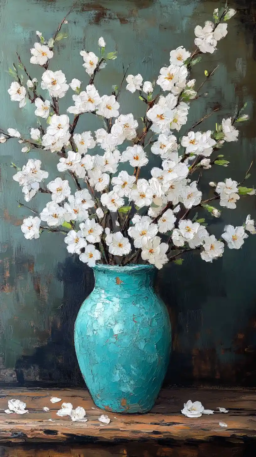 Weiße Kirschblüten in türkisfarbener Vase auf Holztisch