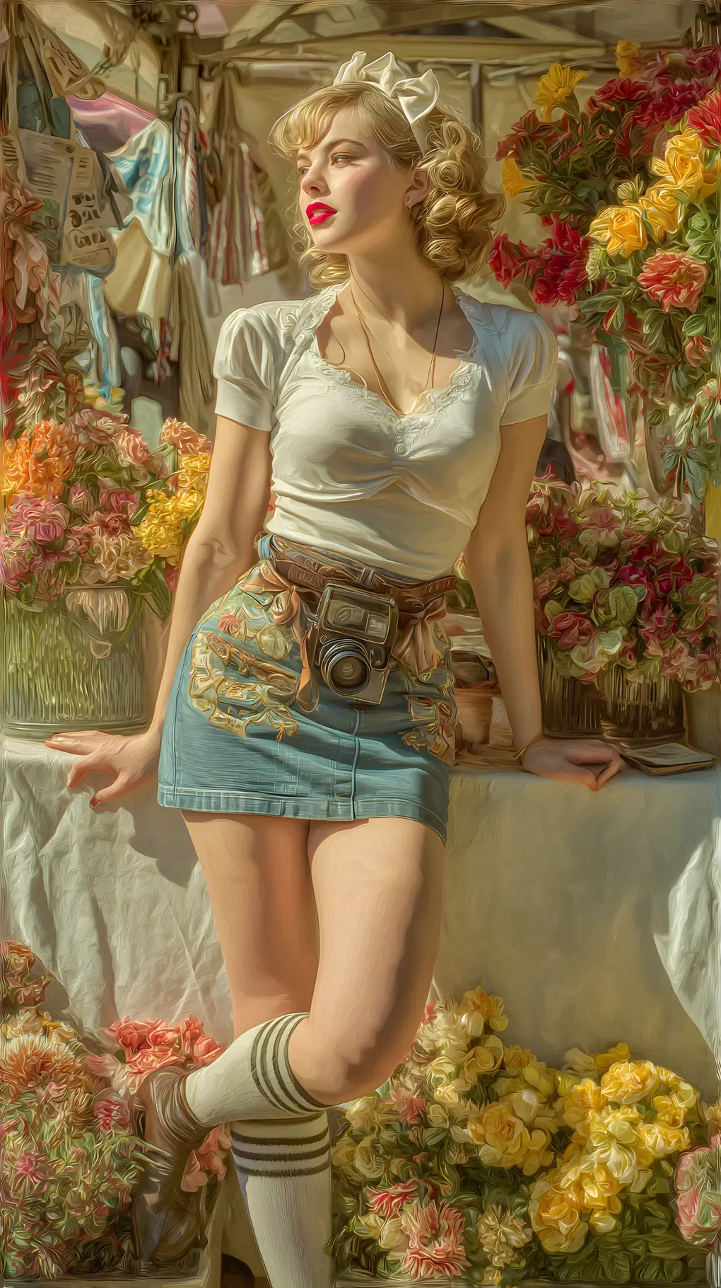 Pin up calendar girl leaning against sunny flower stall