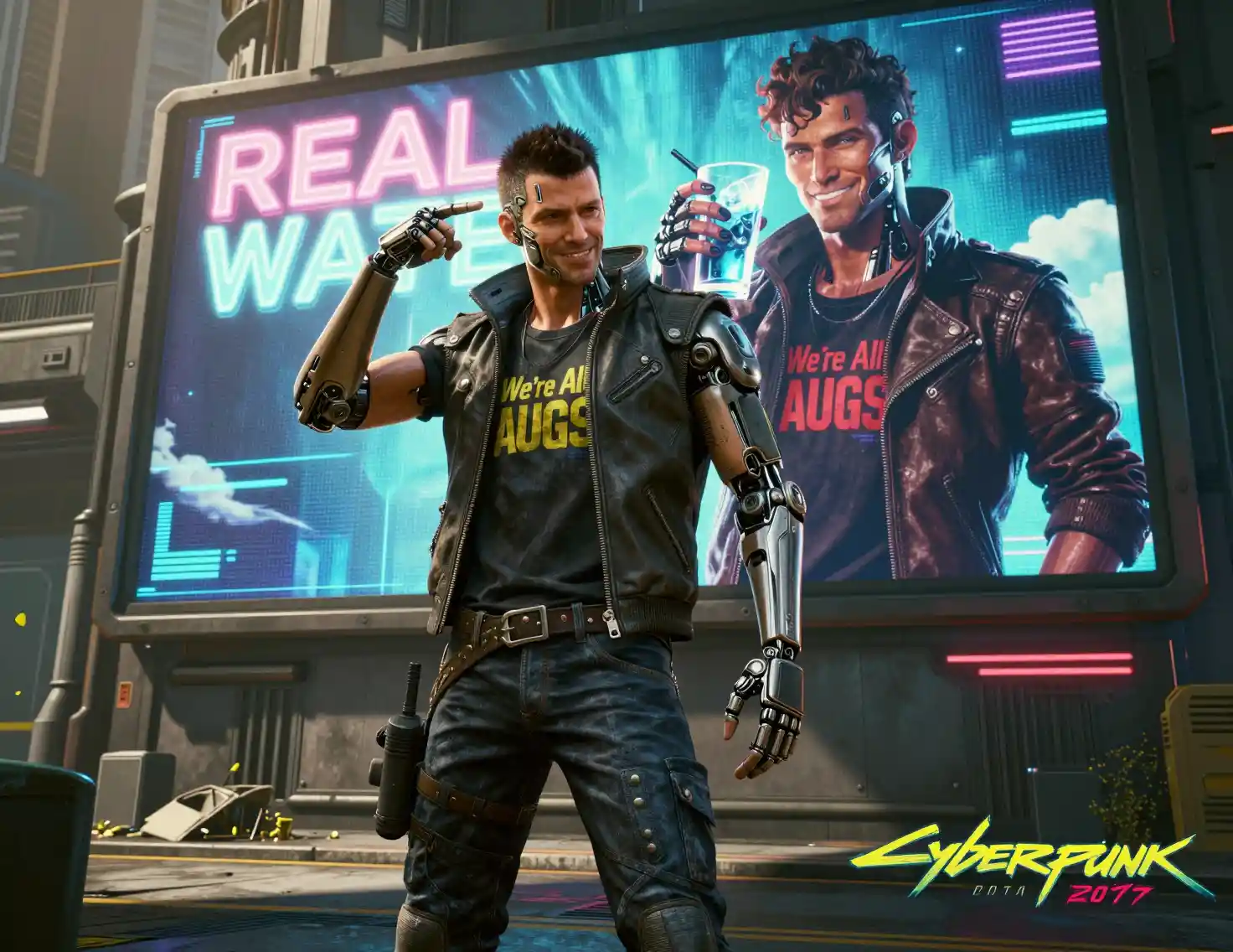 Confident cyberpunk cyborg posing on a futuristic city street