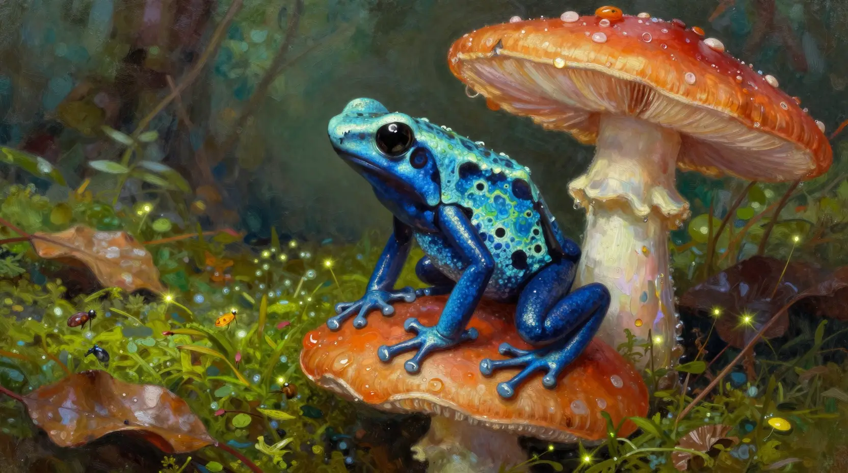 Poison dart frog on mushroom in enchanted forest painting
