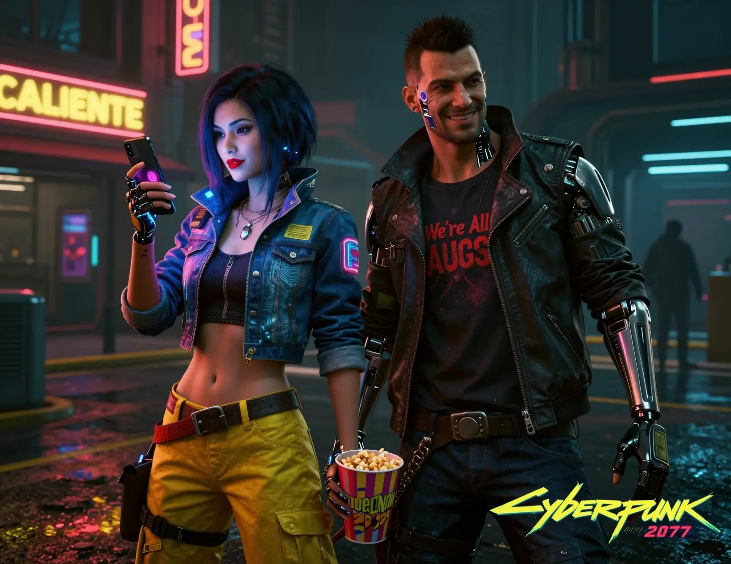 Augmented friends hanging out in a neon cyberpunk street