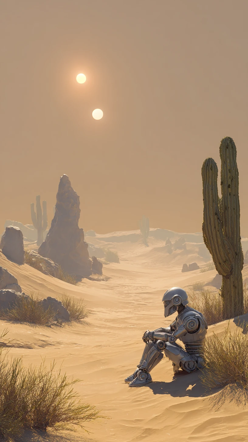 Robot solitario che riposa in un deserto con soli gemelli