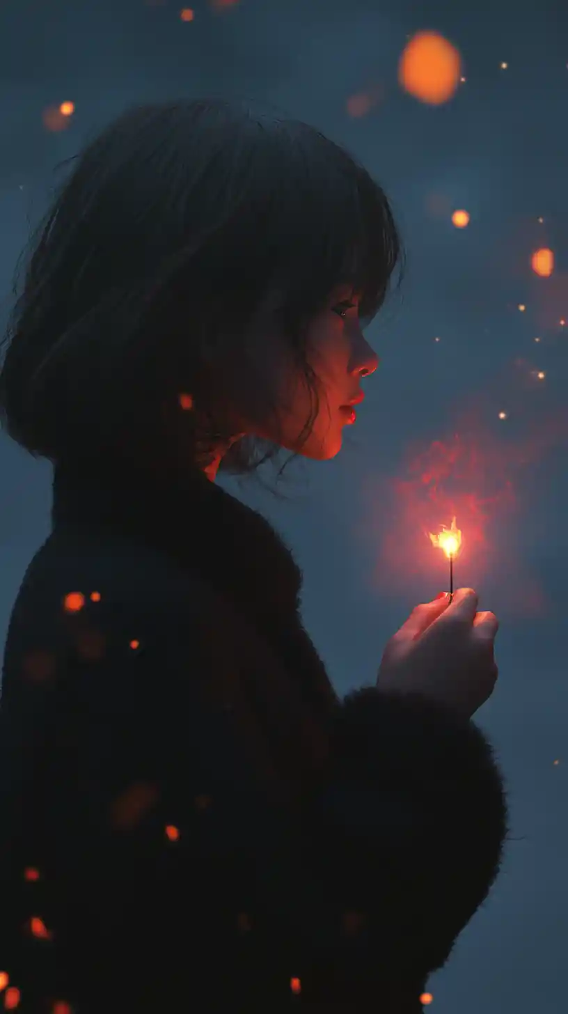 Young woman with match in moody cyberpunk night