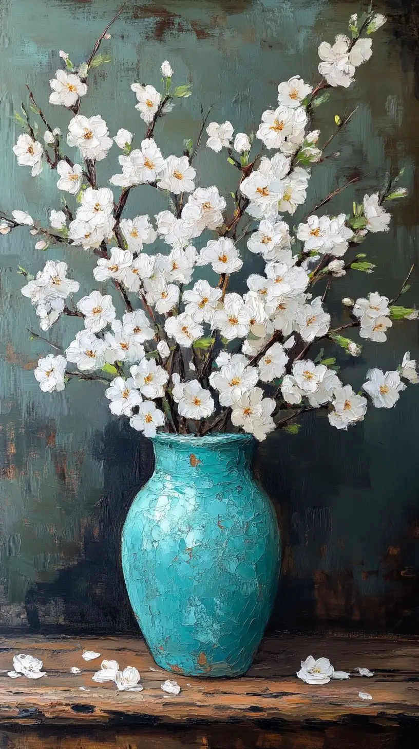 White cherry blossoms in turquoise vase on wooden table