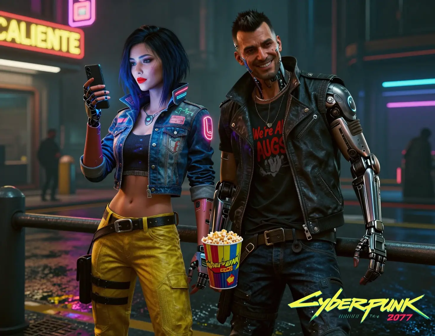 Cyberpunk couple on neon street with popcorn and phones