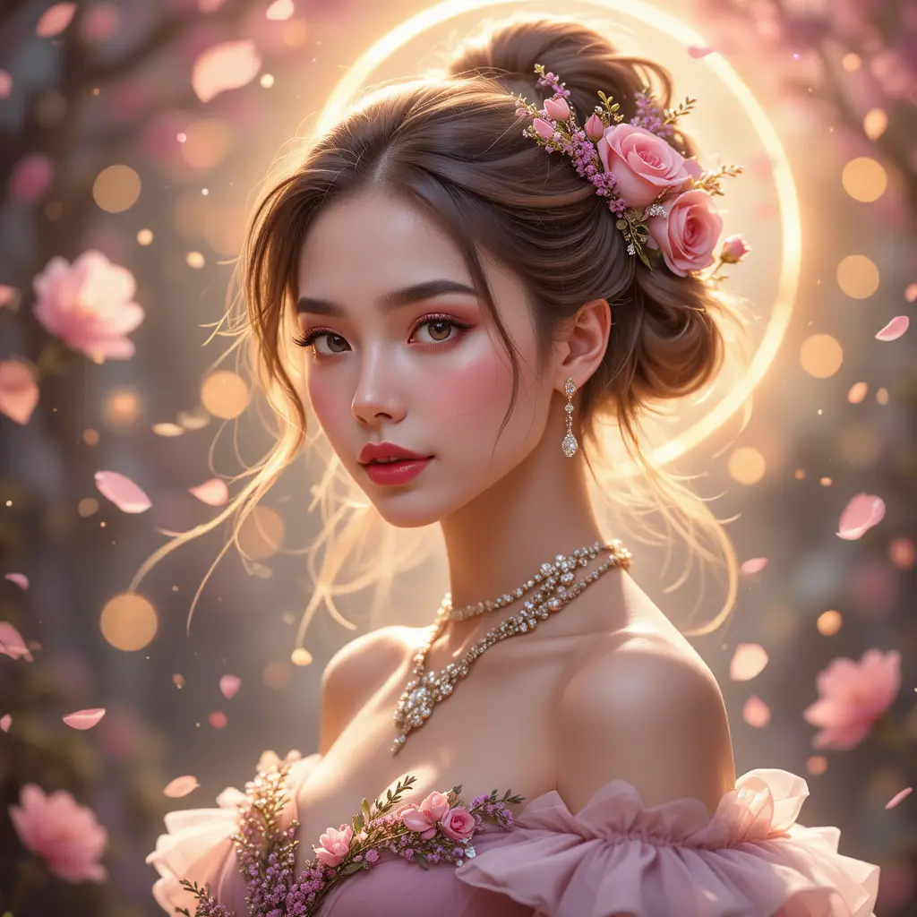 Ethereal woman in rose gown with glowing halo light